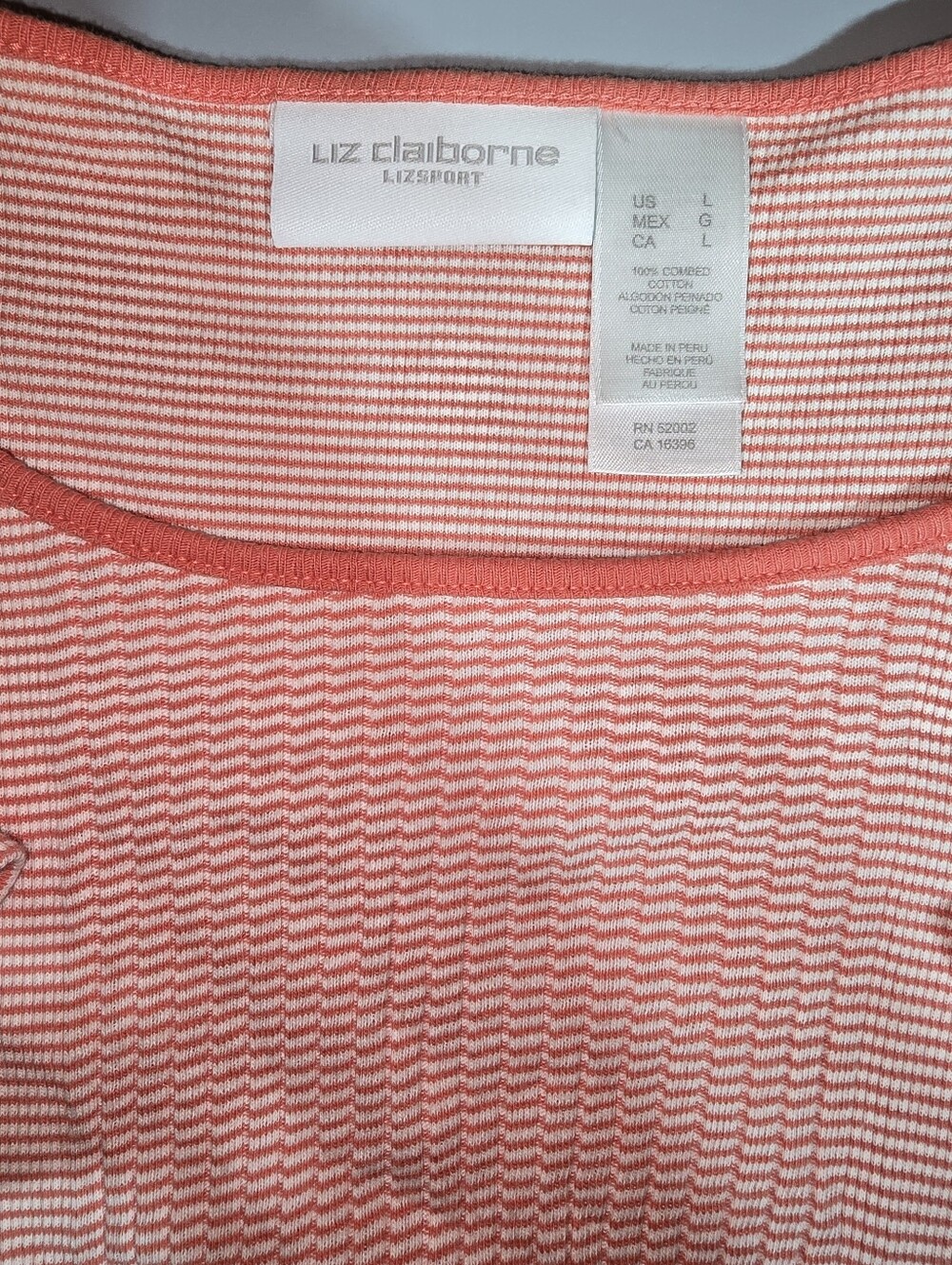 Liz Claiborne Lizsport Size Large Coral And White Stripe Shirt